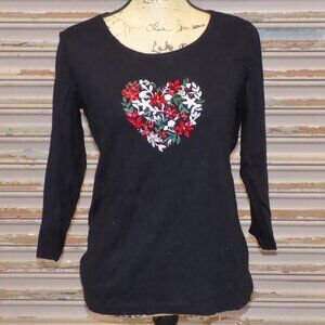 Karen Scott Black Embroidered Heart Shirt – Small – Holiday Floral